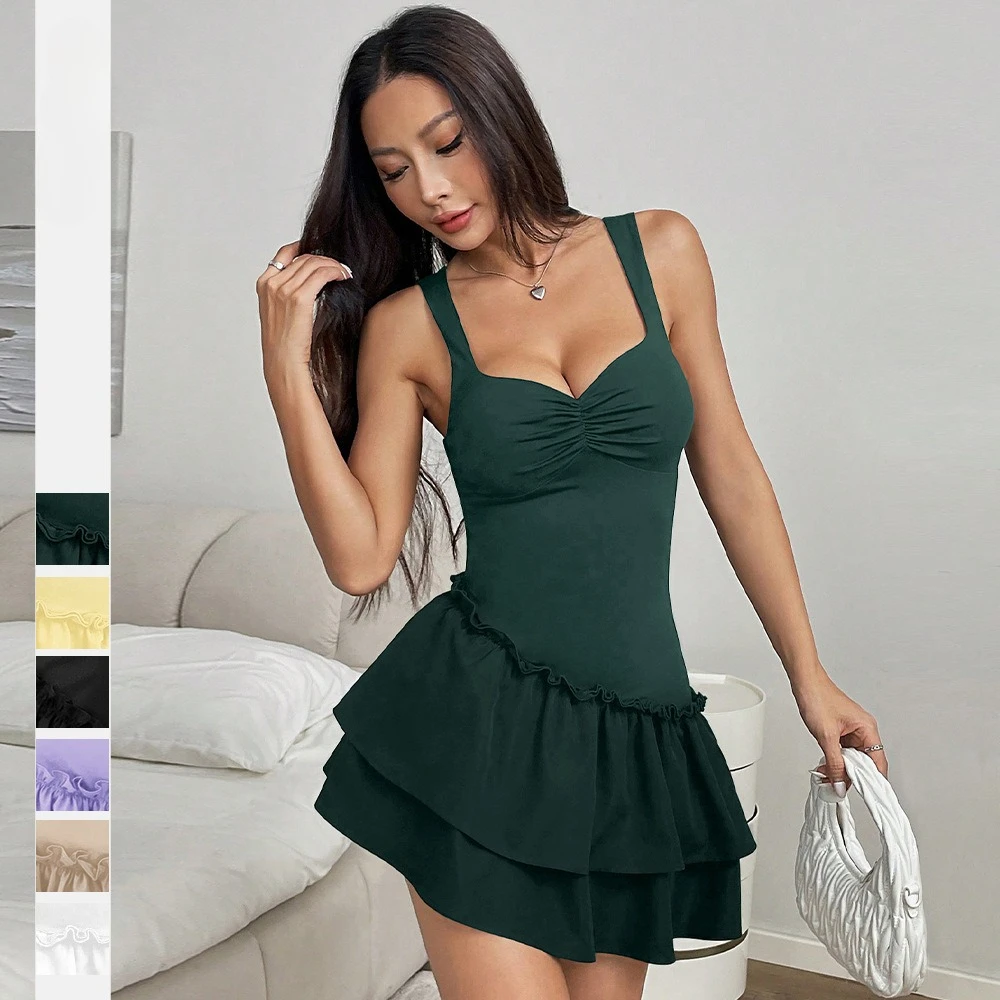 2025 verão novo simples cor sólida feminino cinta vestido moda com decote em v cintura dobra dupla camada vestidos femininos