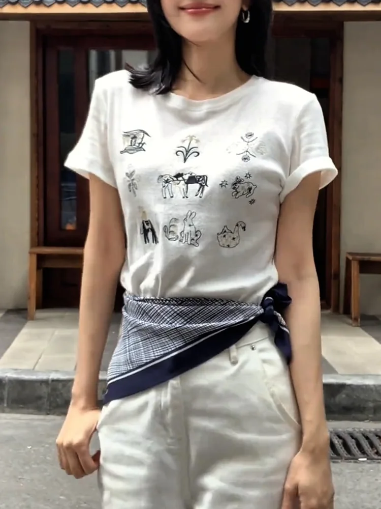 

Корейская футболка с мультяшным принтом oulder Length ort Sve Top Faionable, универсальная, больших размеров, летнее новое поступление, женская футболка