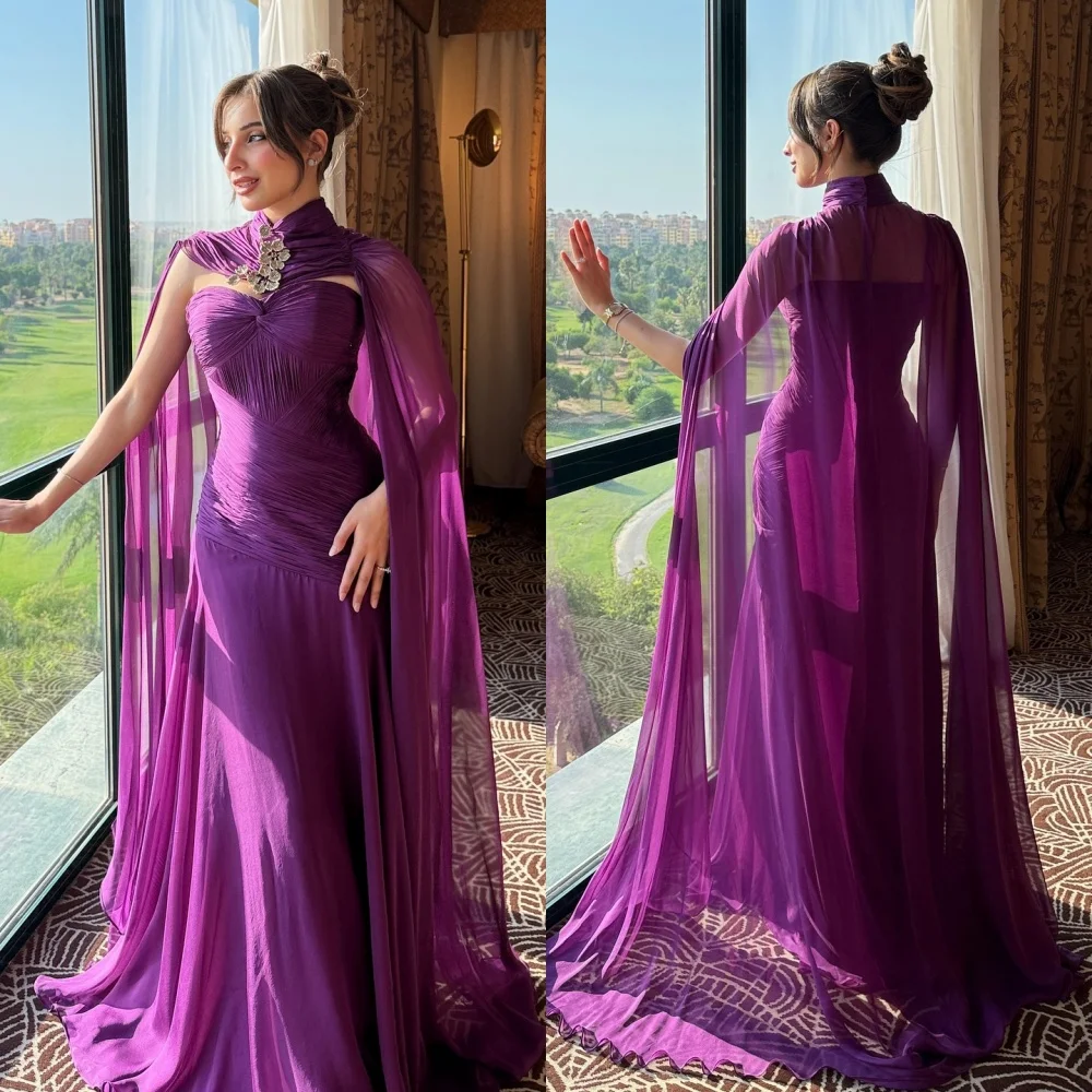 

Customized Chiffon Pleat Trumpet Floor-length Bespoke Occasion Evening Dress Woman Elegant Party Shawl Wedding Sizes Available