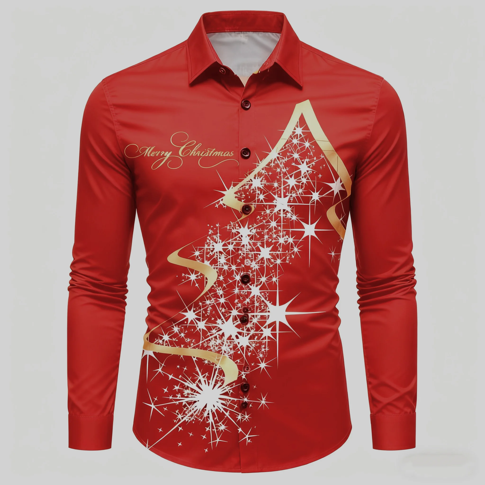 Fun Christmas Men's Long-Sleeve Shirt with Christmas Tree Print, Loose Fit, Button-Down Design for Holiday Casual Celebrations