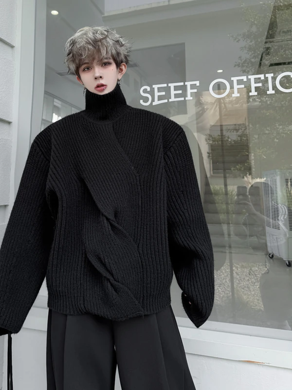 

Зимний утепленный вязаный свитер с высоким воротником для мужчин, свободный крой, с узором «косы», повседневный, теплый, комфортный, модный