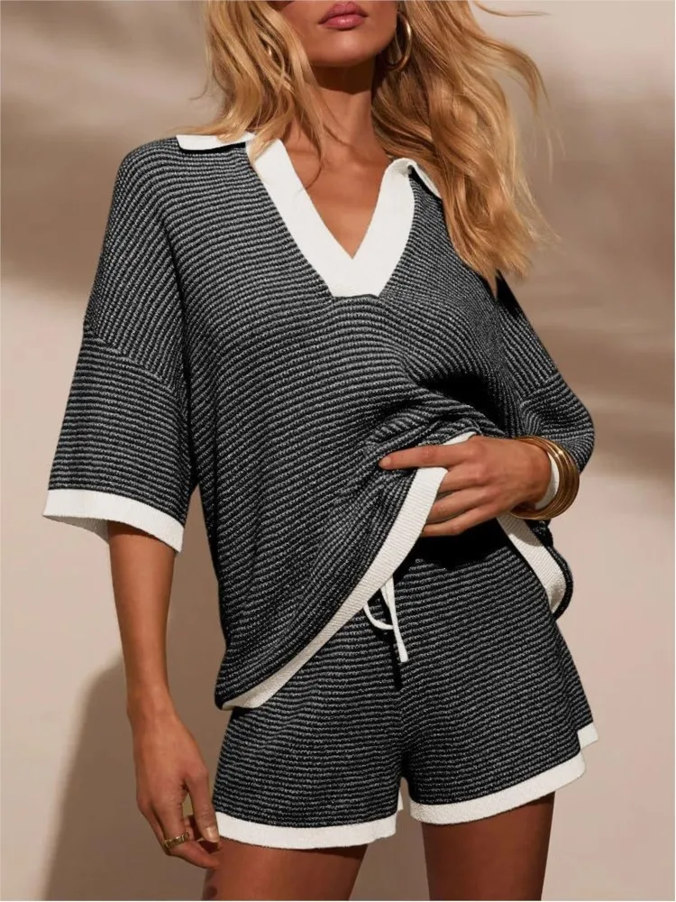Women's Casual Sweater Knitted Shorts Suit Summer Fall New Short Sleeve V Neck Tops+ Shorts Fashion 2 Piece Sets Female Outfits image 5