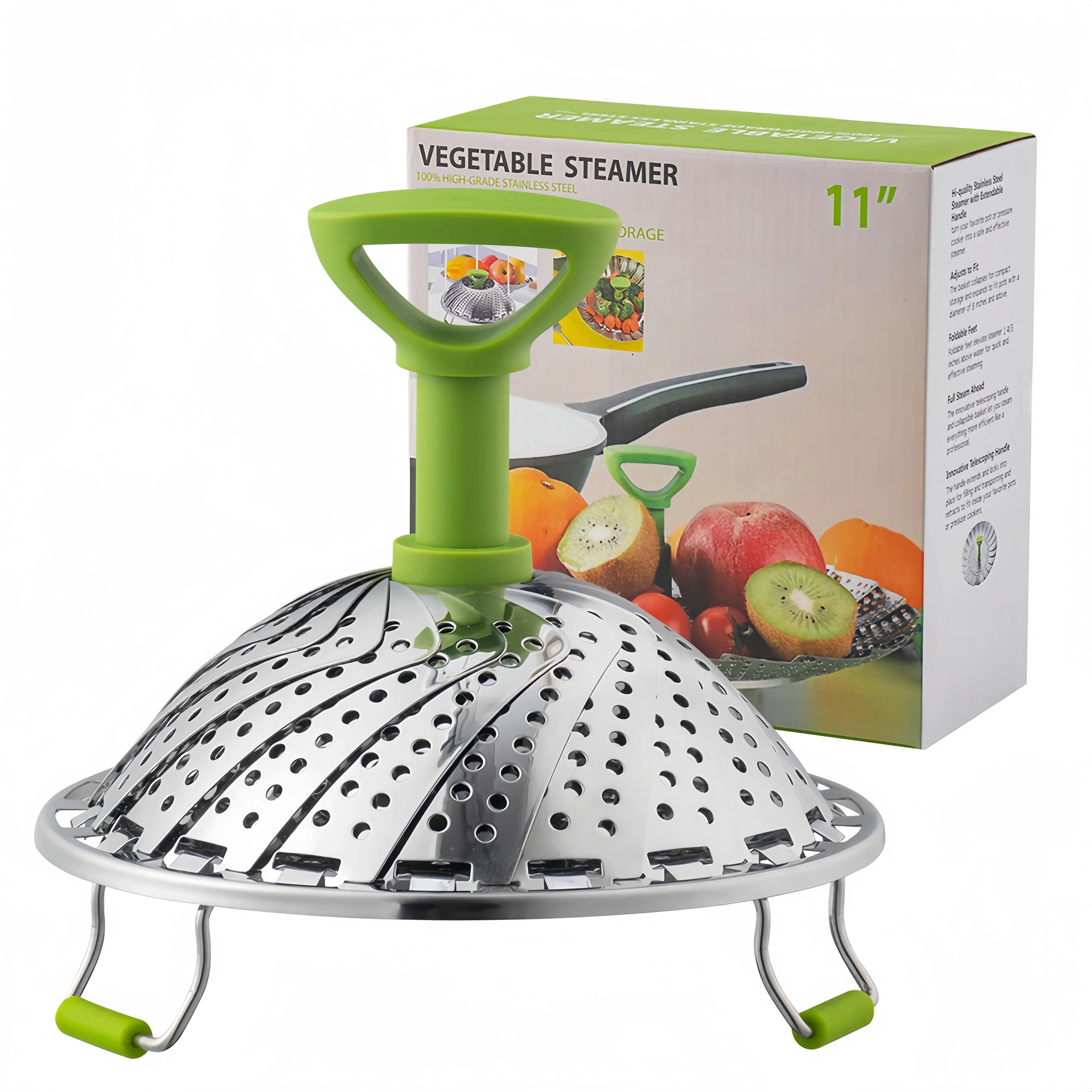 Expandable Stainless Steel Vegetable Steamer Basket Foldable Steamer Rack Handle Steamer Insert Veggies Seafood Kitchen Gadget