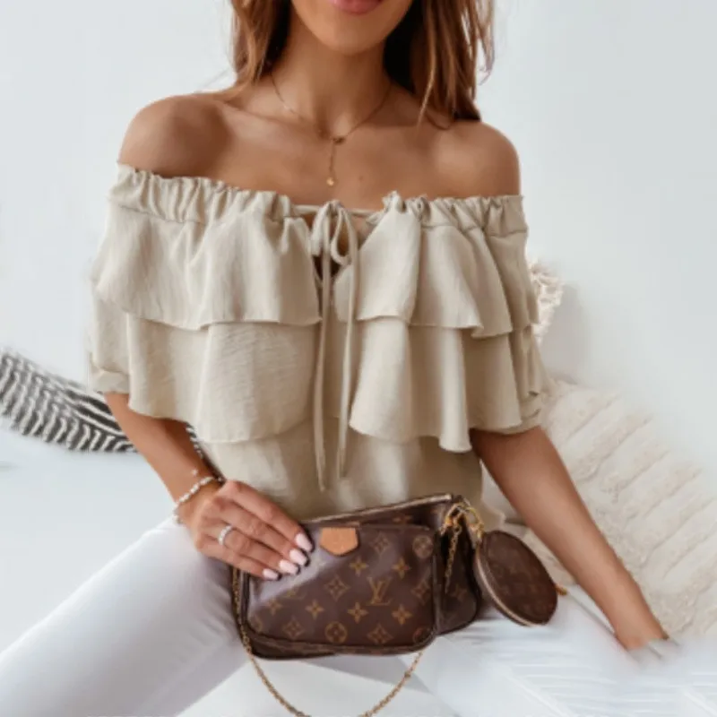 New 2025 Women's Shirt One-Linged Ruffled Girl Hot Girl Top Brown Mid-Sleeve Black Fashion Off-Shoulder Blouses