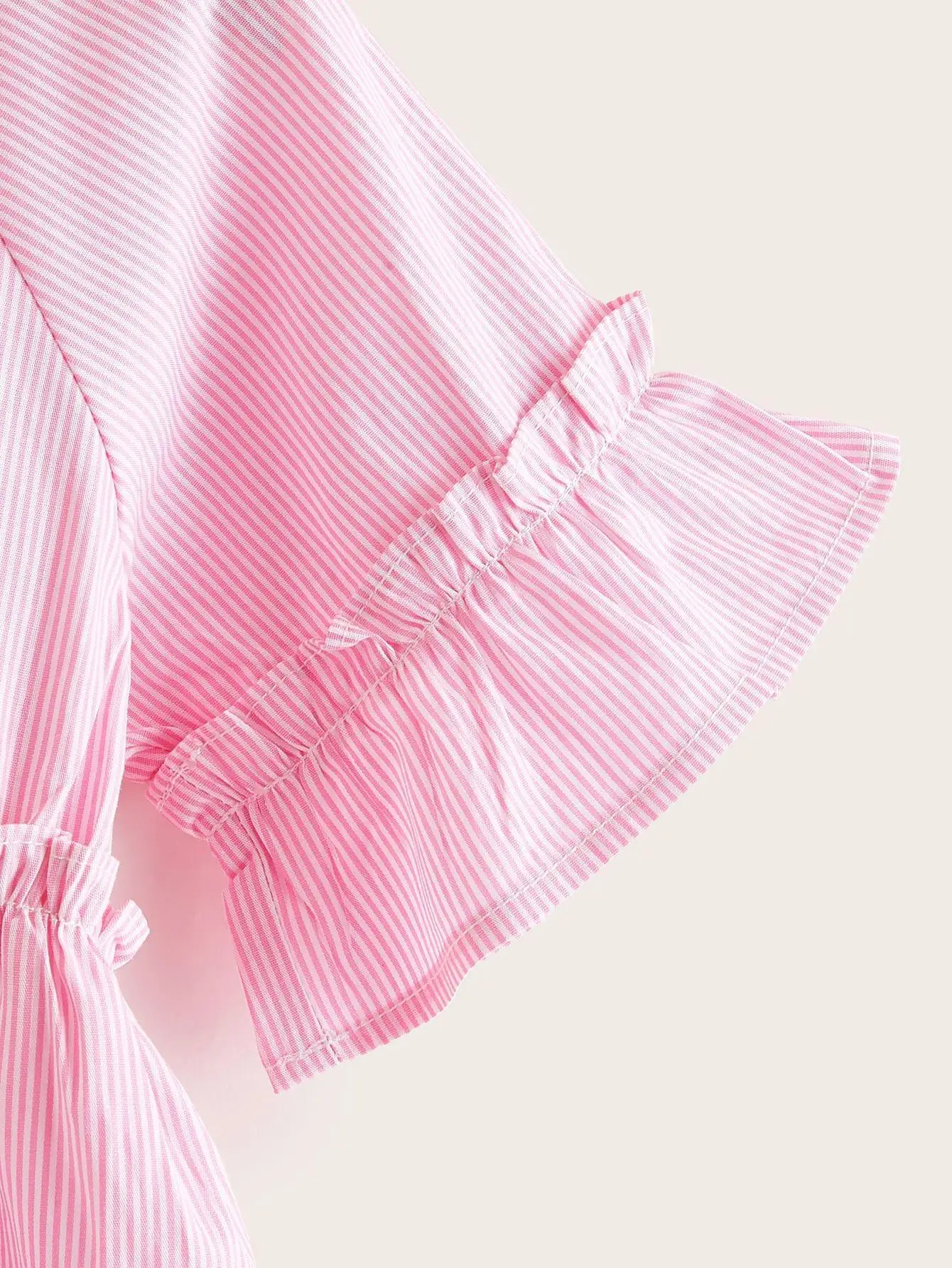 Summer girls pink striped pleated slim letter print pleated trumpet sleeves Breathable comfortable western casual shirt