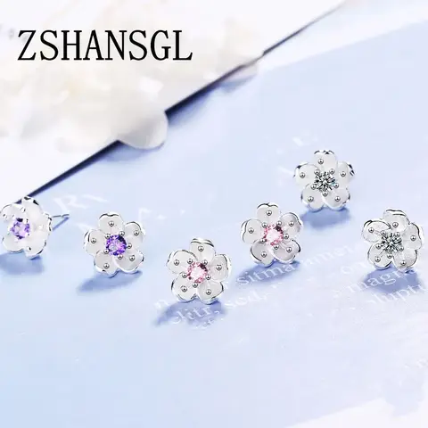 Fashion 925 Sterling Silver Pink Poetic Daisy Cherry Blossom Zircon Earrings for Women Luxury Fine Jewelry Cute Ear Gift