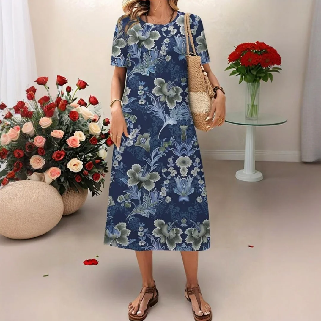 2025, neue Damenkleider, zerkleinerter Blumendruck, elegante ästhetische Midi-Kleider, Sommer, Übergröße, Damenbekleidung