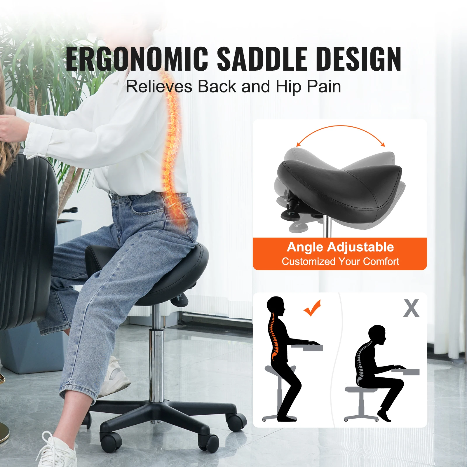 VEVOR Ergonomic Saddle Stool with 5 Swivel Casters 360° Rotation 20.1-28in Height Adjustable Round Stool for Bar Salon Office