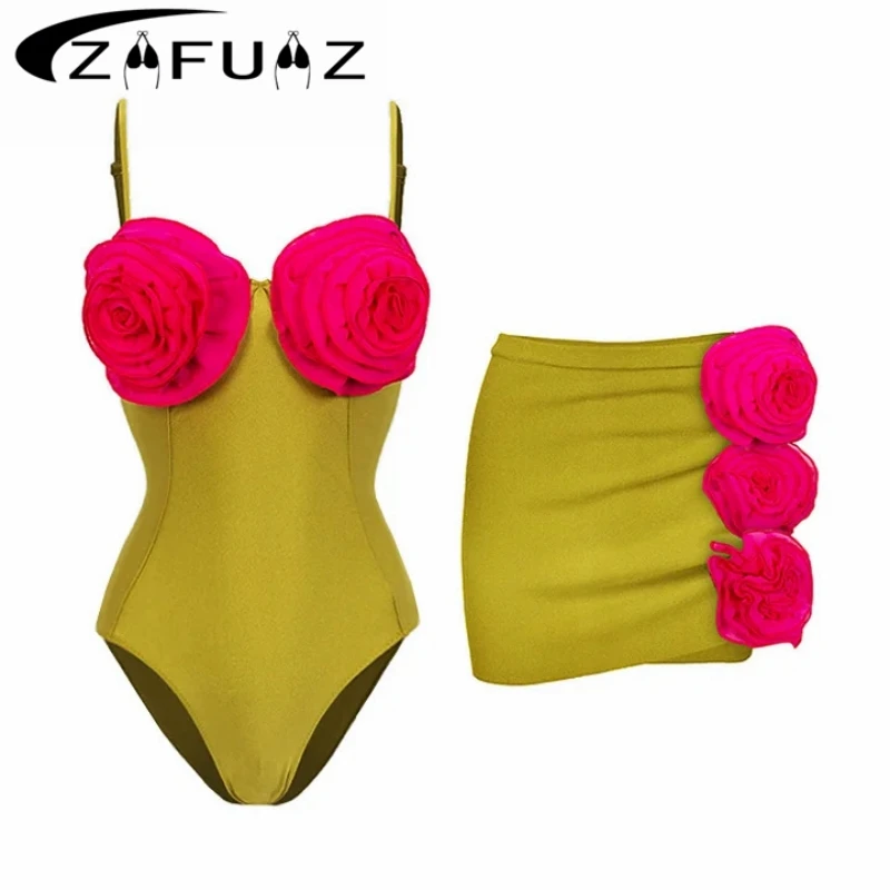 

2024 New One-piece Swimwear Flower Hollow Sexy Contrasting Color Swimsuit Bathing Suit Beachwear Monokini Female Swimming Suits