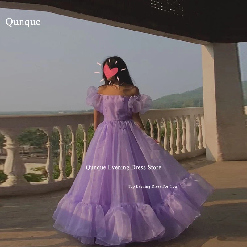 

Qunque Elegant Formal Evening Dresses With Bow Puff Short Sleeves Organza Cinderella Cocktail Gowns Purple Princess Party Gowns