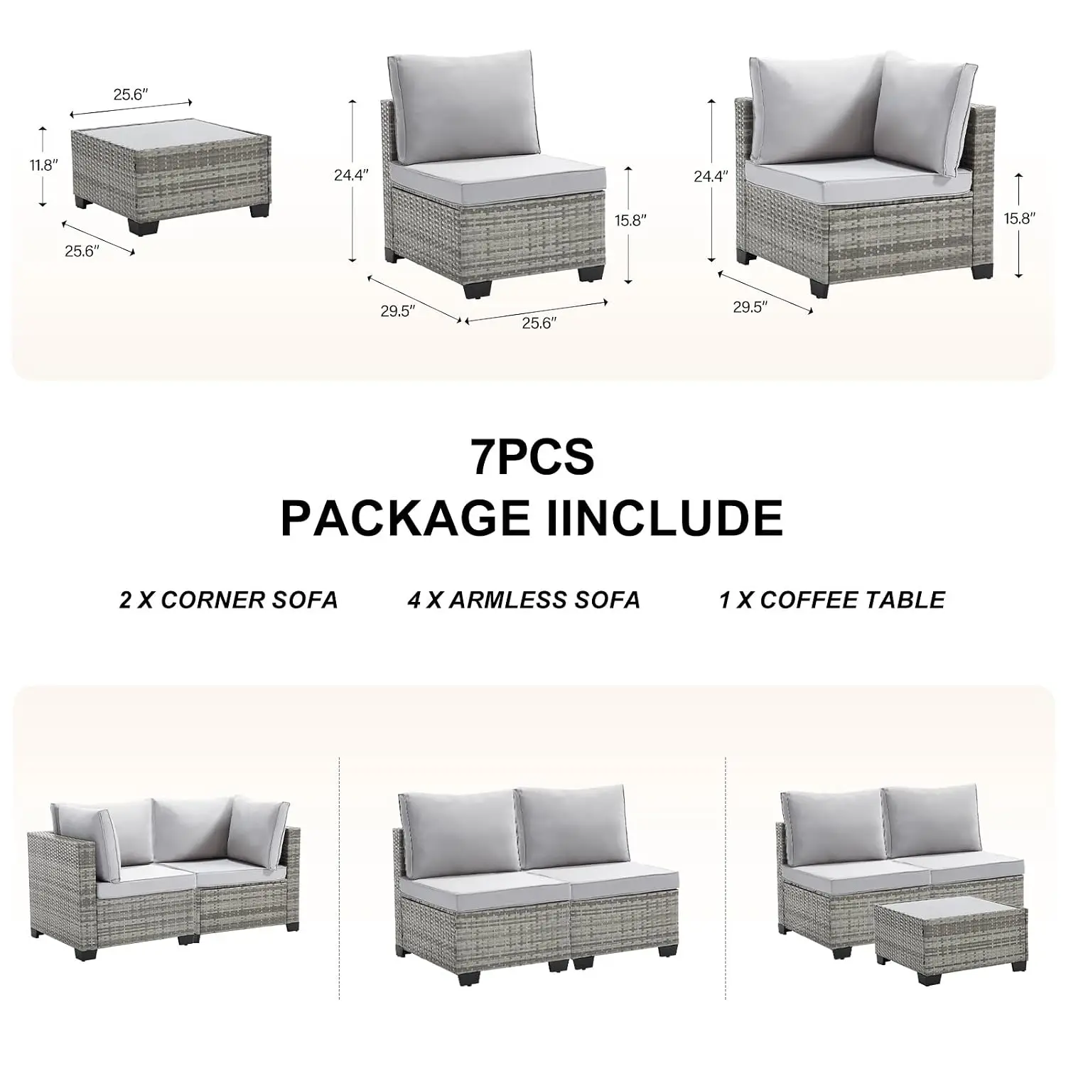 PE Wicker Patio Sectional Sofa Set With Glass Table & Washable Cushions For Backyard Garden Poolside 7 Pieces, Customized