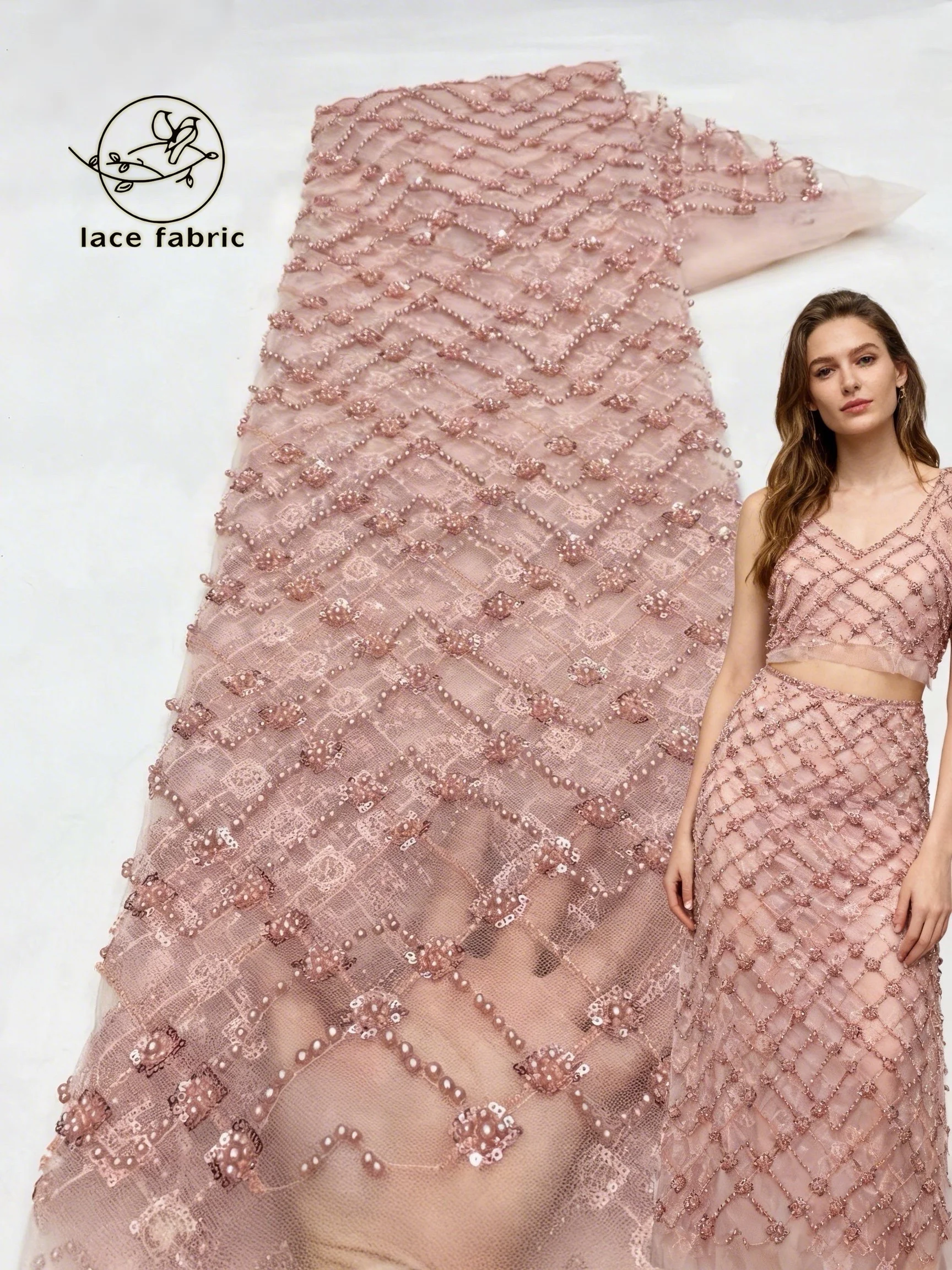 

Pink African Beaded French Luxury Sequins Tulle Lace 2026 High Quality Embroidery Sequins Lace Fabric For Evening Party Dress