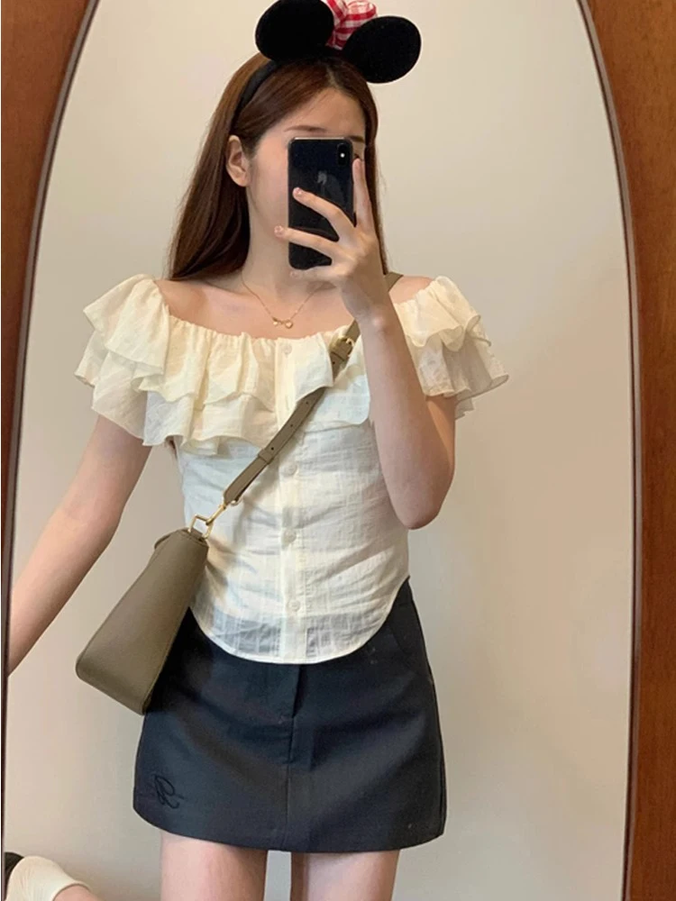 

Unique Beautiful Sweet Girl Skirt Set Short Sleeve round Neck Button Style French Style Summer Fashionable Women's Clothing