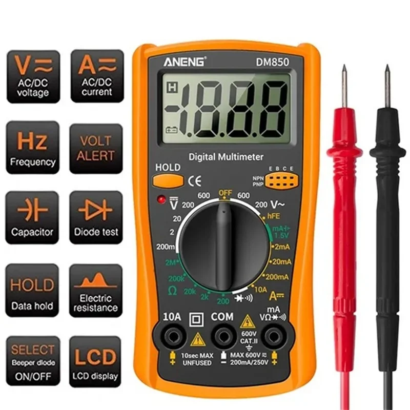 Portátil LCD Multímetro Digital, AC, DC Tensão, Tester Diodo, Corrente, Medidor de Resistência, Amperímetro, Multitester com Sonda de Teste