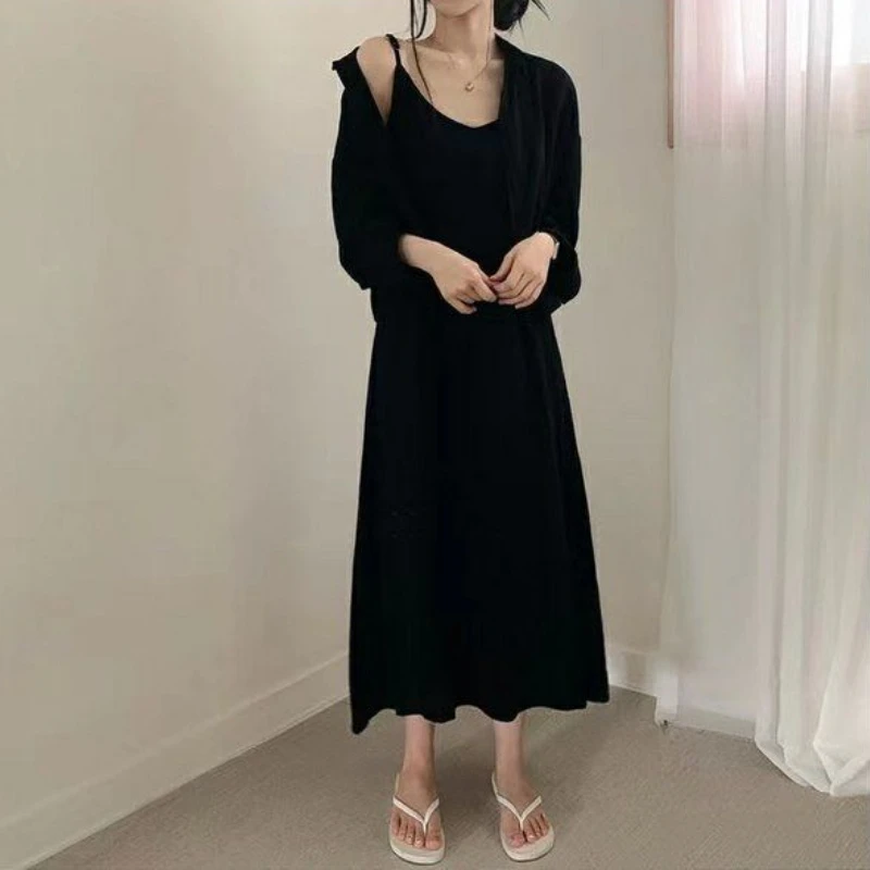 Two Piece Sets Women Korean Style Retro Cropped Shirts Outerwear Simple Baggy Tender Sleeveless Elegant Feminine Long Dresses