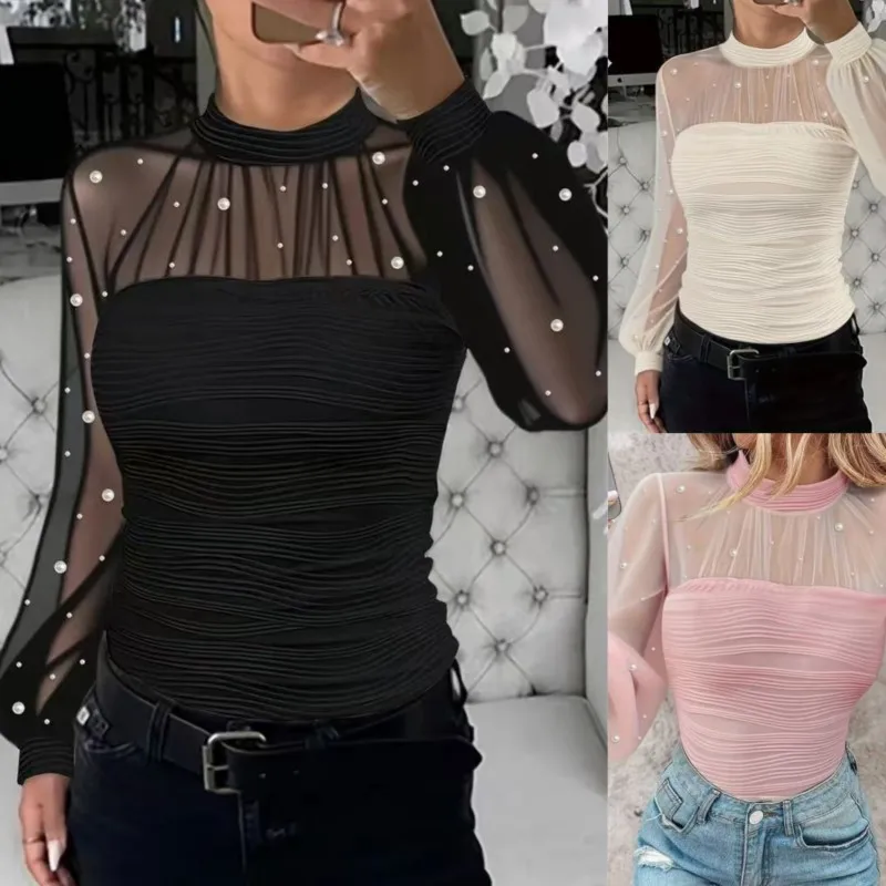 

Women's Fashion Blouses New Spring Summer Pearl Mesh Splicing Lace Long Sleeve Tops Bottoming Shirt For Women 2026 Black Clothes