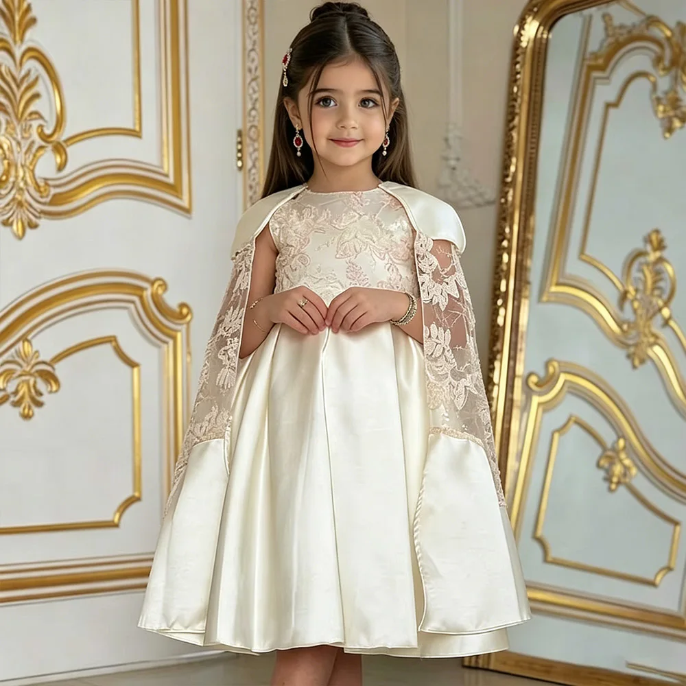 

Elegant Princess Dress Satin Flower Girl Dresses With Cloak Cute Dress For Girls Lace Ivory Birthday Dress Short Kids' Dresses