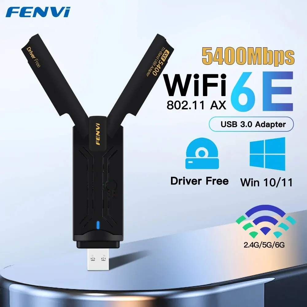 FENVI 와이파이 6E USB 어댑터 동글 트라이 밴드 2.4G, 5G, 6GHz, USB3.0, 와이파이 6 네트워크 카드 안테나, 노트북 Win10, 11 드라이버 프리, AX5400 