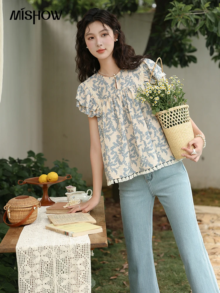 MISHOW Double Layered Ruffled Flying Sleeve Blouses for Women 2024 Summer Loose Round Neck Hem Patchwork Tassel Tops MXD27X1518