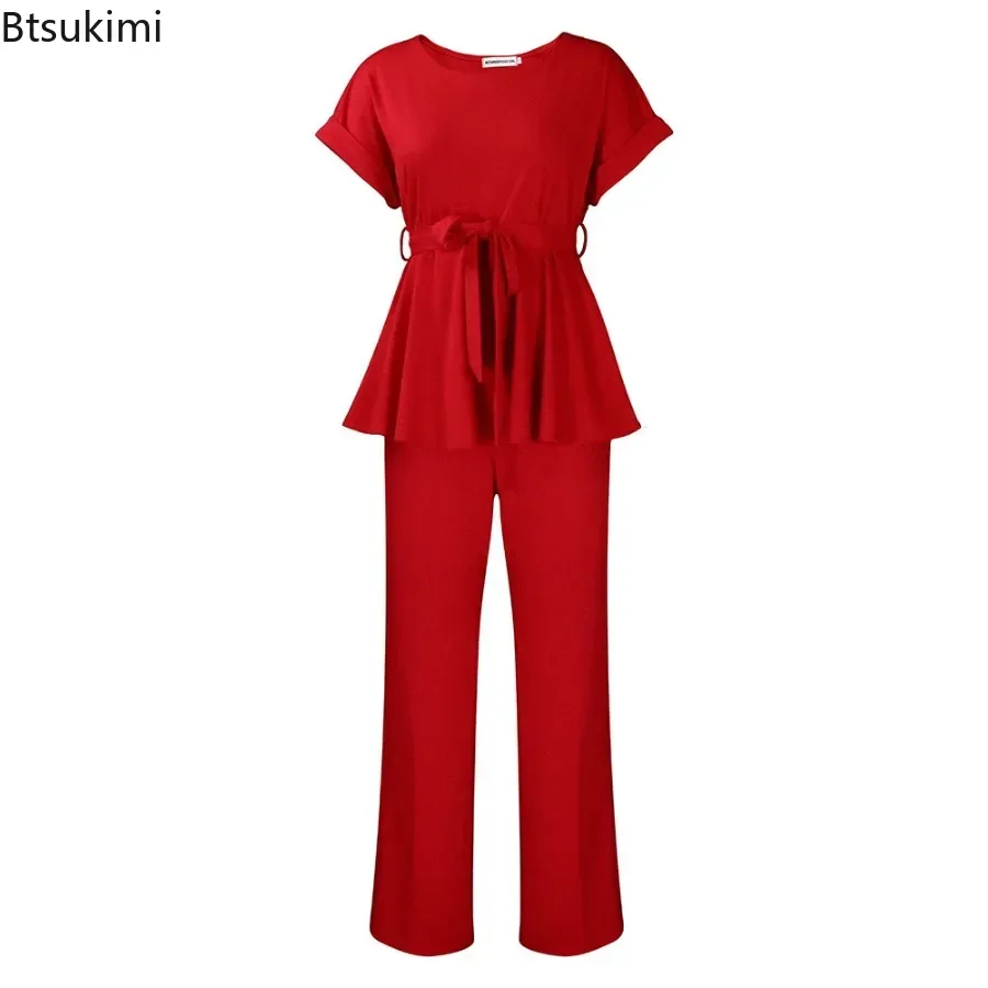 2024 Women's Matching Sets Fashion Vintage Solid Lace-up Tops and High Waist Wide Leg Pants Two Piece Set Ladies Elegant Outfits