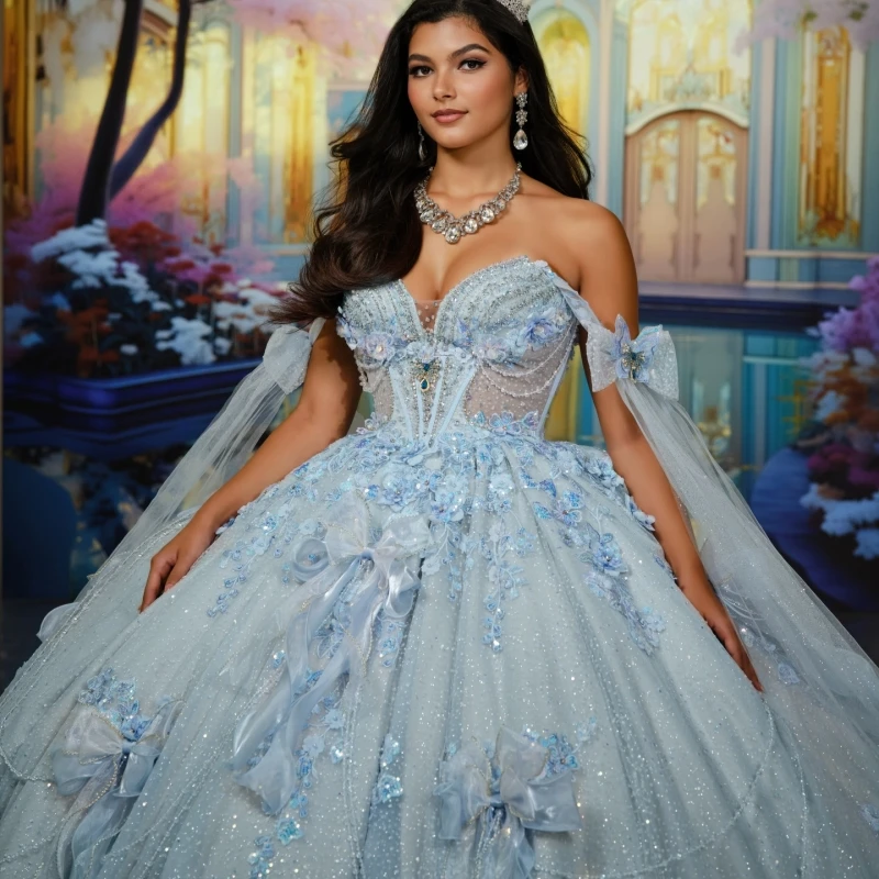 

Sky Blue Shiny Ball Gown Quinceanera Dresses Applique Lace Beading Crystal Bow Tull Corset Off Shoulder Sweet 16 Dress Vestidos