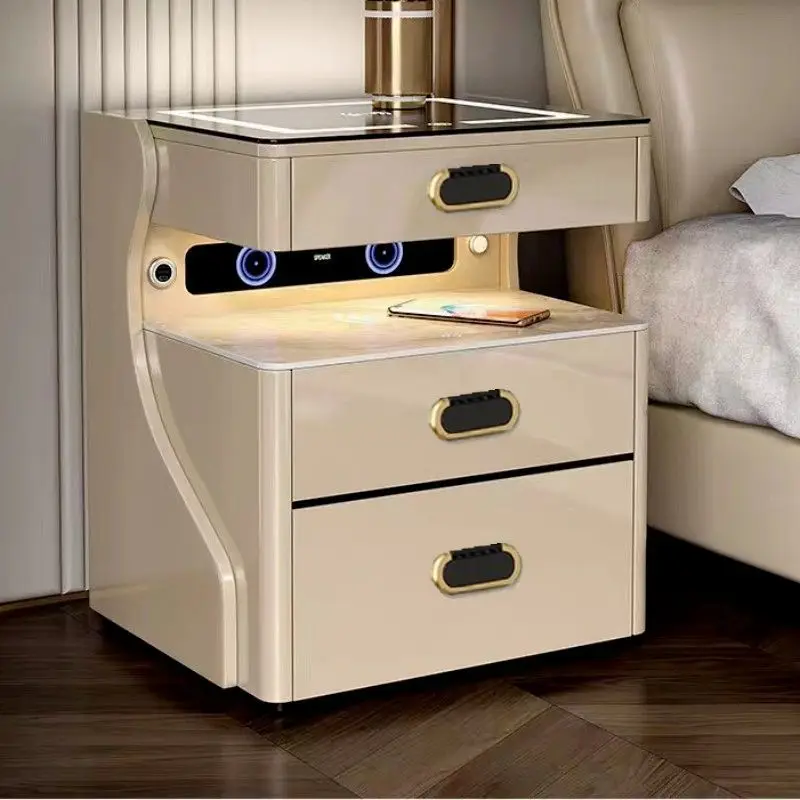 Smart Wireless Charging Bluetooth USB Ports Fingerprint Lock Safe Modern Minimalist Bedside Cabinet Nightstand Hidden Drawer