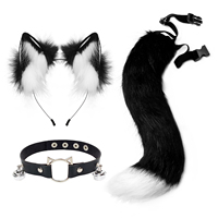 Cat Ears and Wolf Fox Animal Tail Cosplay Costume Faux Fur Hair Clip Headdress Halloween Leather Neck Chocker Set