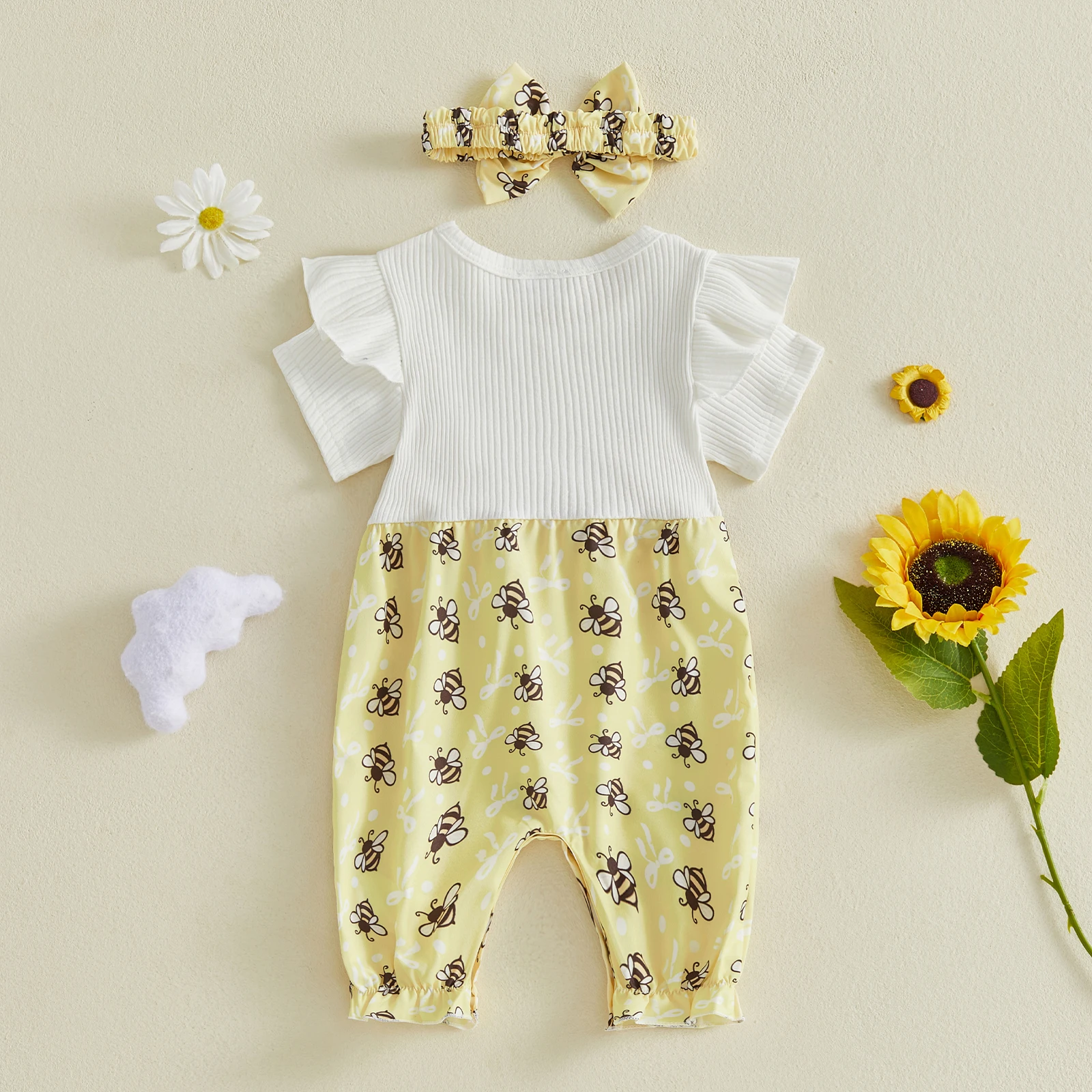 Baby Girls Rompers Bee/Houndstooth Pattern Short Sleeve Fake Two-Pieces Fashion Infant Bodysuits Jumpsuits with Headband