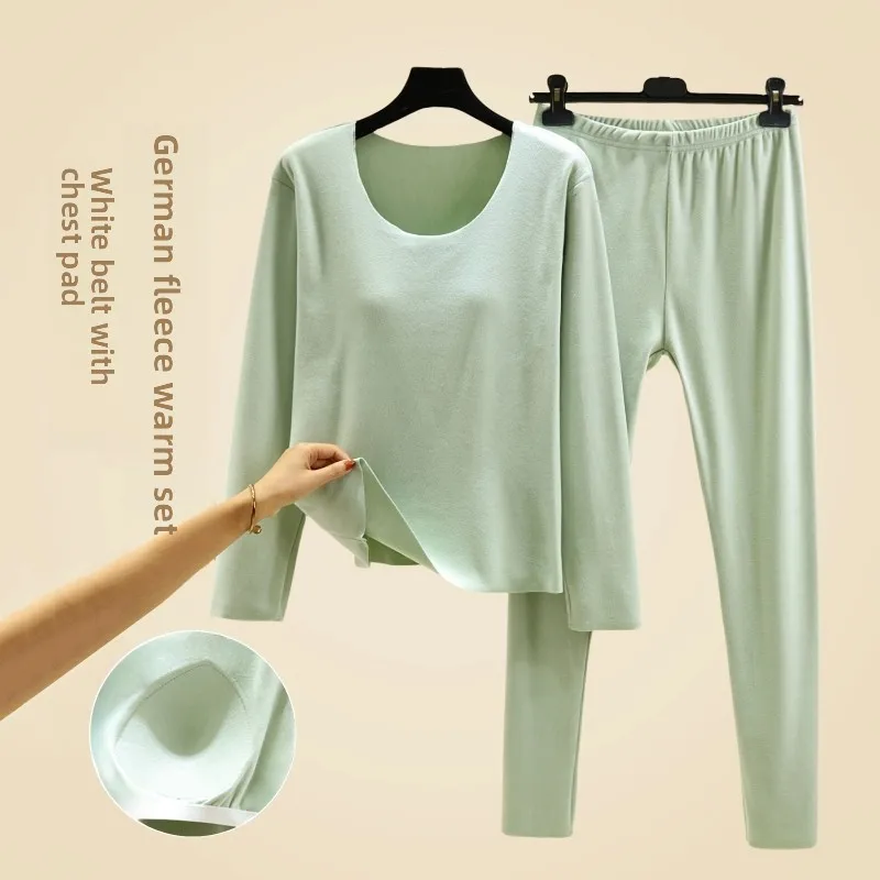 Thickened German Velvet Warm Underwear Set Women's Autumn Winter Fleece Lined Base Layer Shirt Pants Two Piece Set Seamless