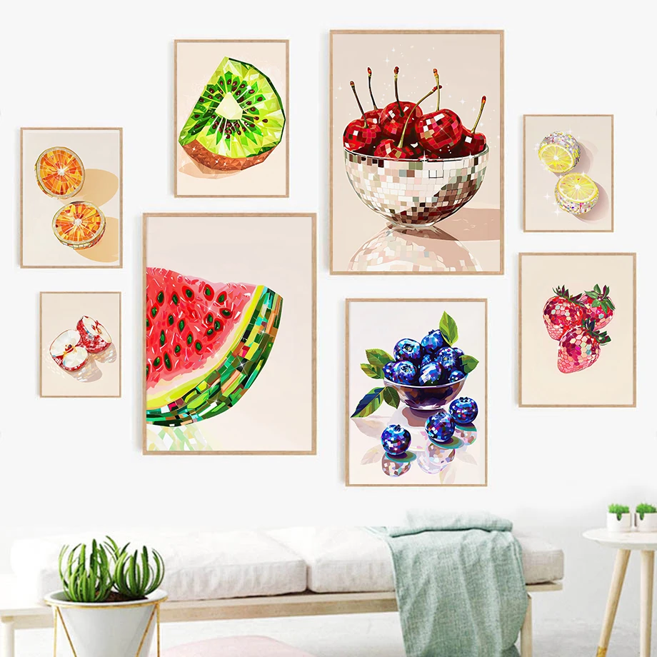 Fresas, Kiwi, fruta, cereza, limón, arándano, fruta Disco, arte de pared, pintura en lienzo, póster nórdico, decoración de co