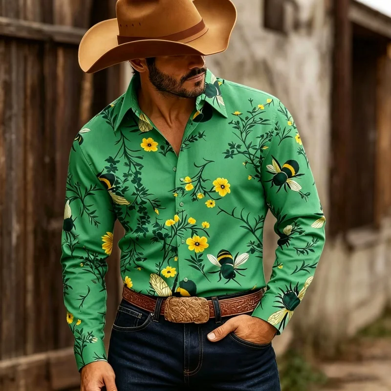 Men's Floral Print Long-Sleeve Shirt, Stylish Slim-Fit Button-Down Casual - view 4
