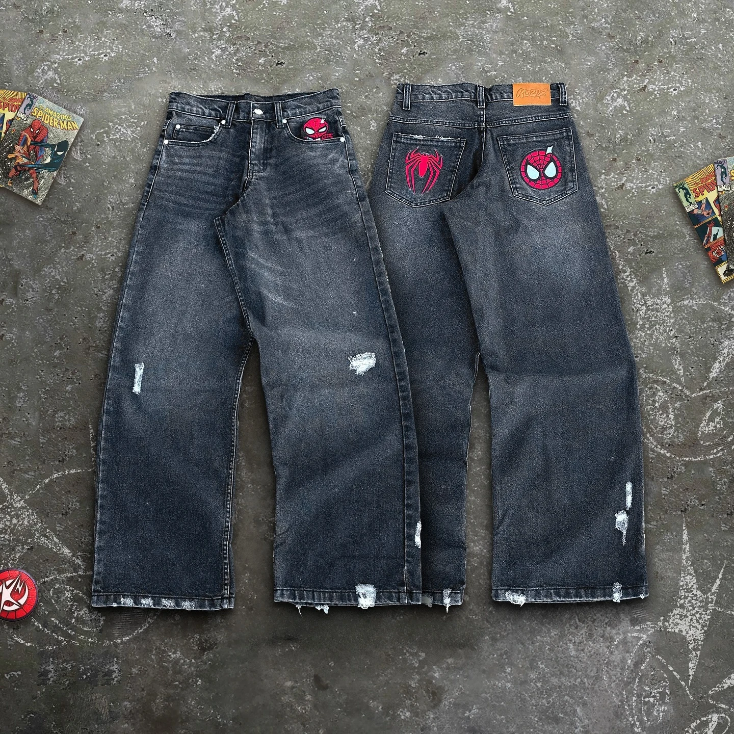 American Spider Jeans Y2K ropa para hombre mujer Harajuku Hip Hop dibujos animados Retro azul pantalones vaqueros holgados pantalones de pierna ancha de cintura baja