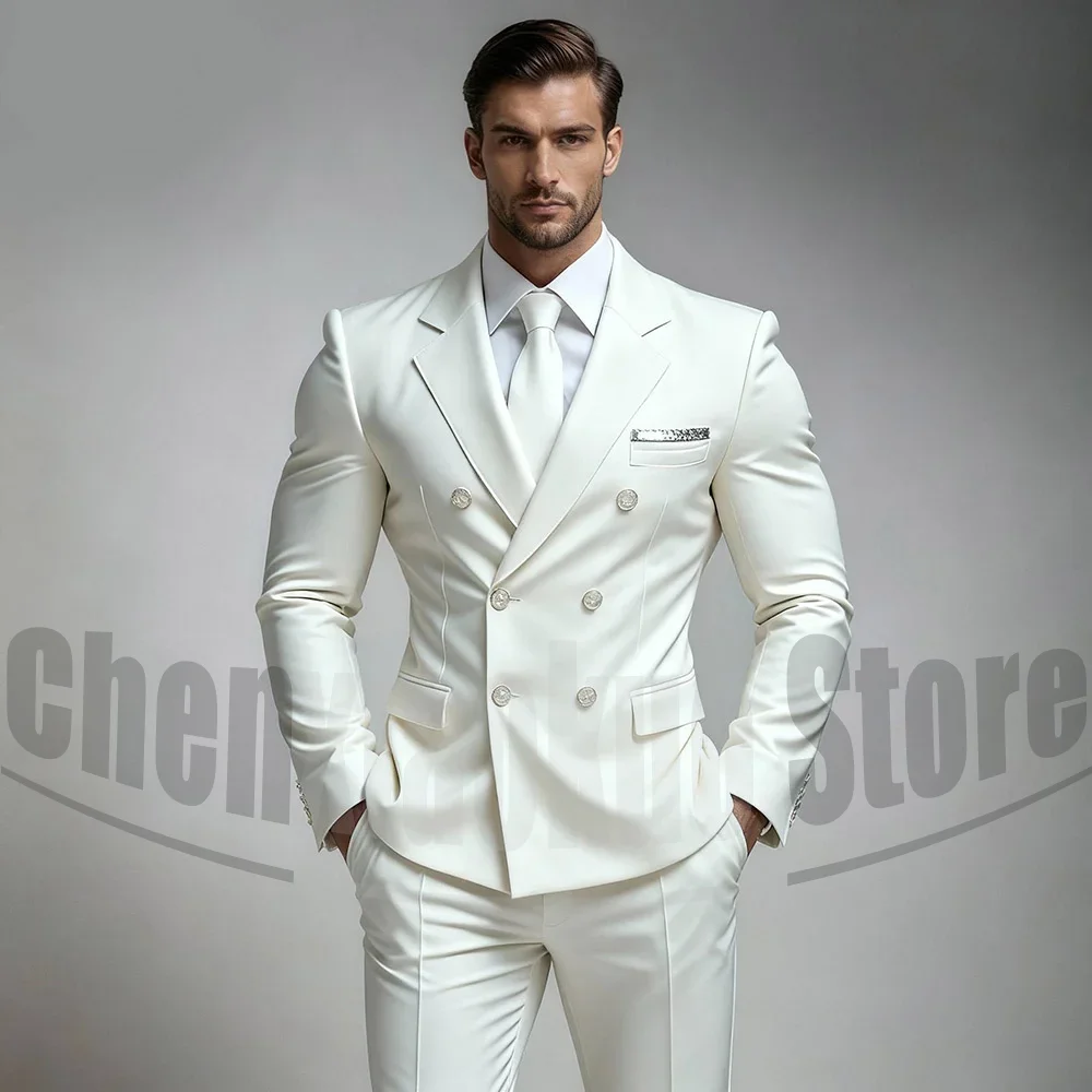 

Men's White Double Breasted Suit Set Slim Fit Formal Notch Lapel Wear Elegant Style for Wedding Party Prom Business Male Suit
