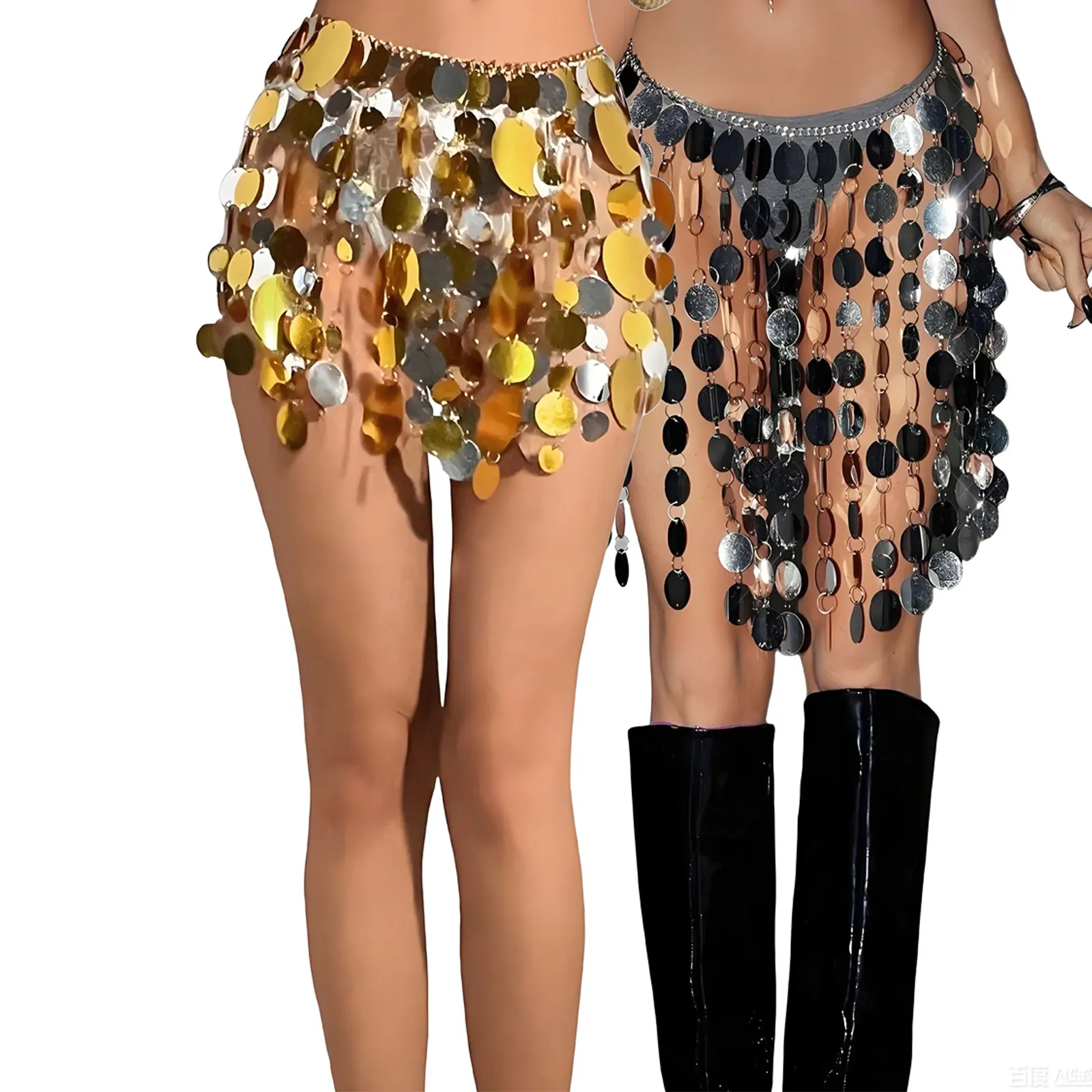 Womens Sequin Dance Skirt Lace-Up Coinses Fringe Hip Scarf Wrap Belly Dance Hip Skirt Festival Dance Stage Performance Costumes