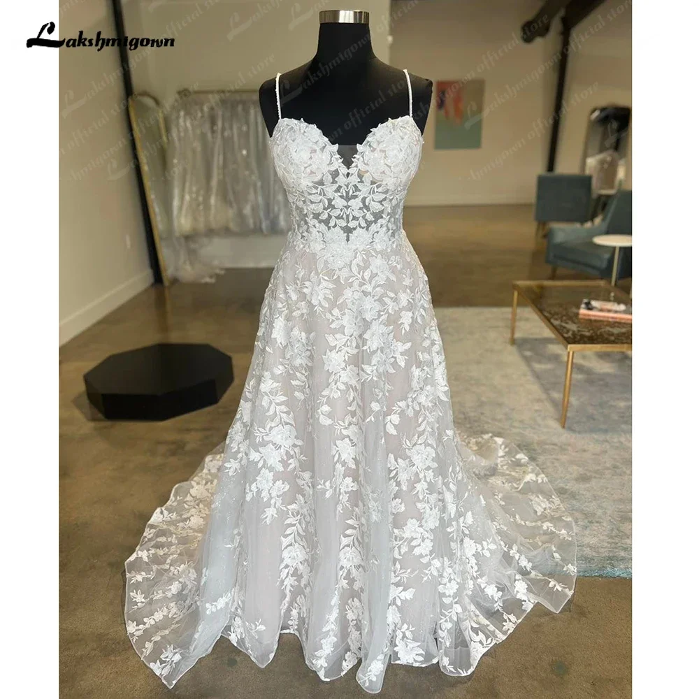 Lakshmigown Full Lace Appliques Wedding Dress for Women 2024 Champagne Spaghetti Straps Bridal Gown vestidos para mujer