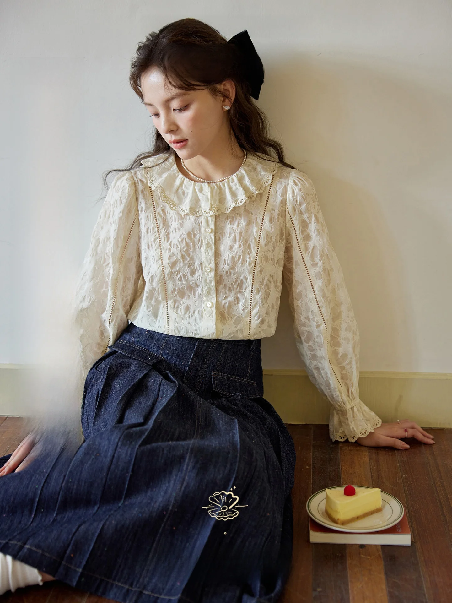 

Женская блузка с длинным рукавом и вышитым воротником, из хлопка с текстурой «лотос», комфортная и дышащая