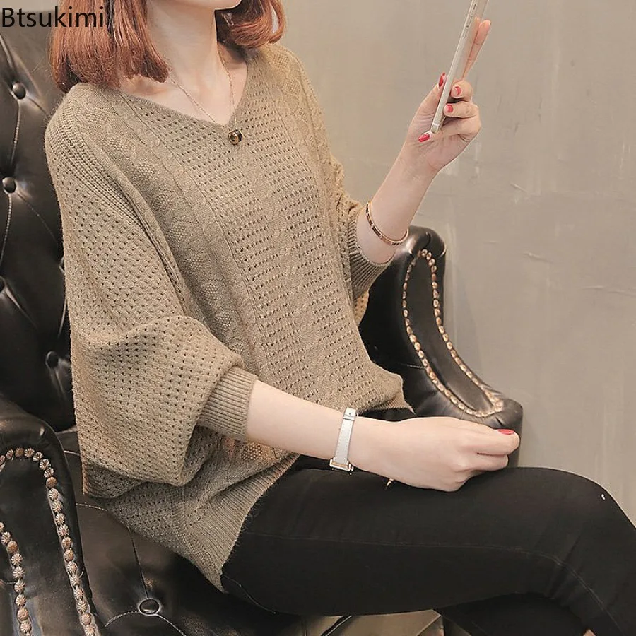 Women's Knit Bat Shirts Spring and Autumn Sweaters Korean Version Hollowed Out Lantern Sleeve Knitted Sweater Women's Pullover