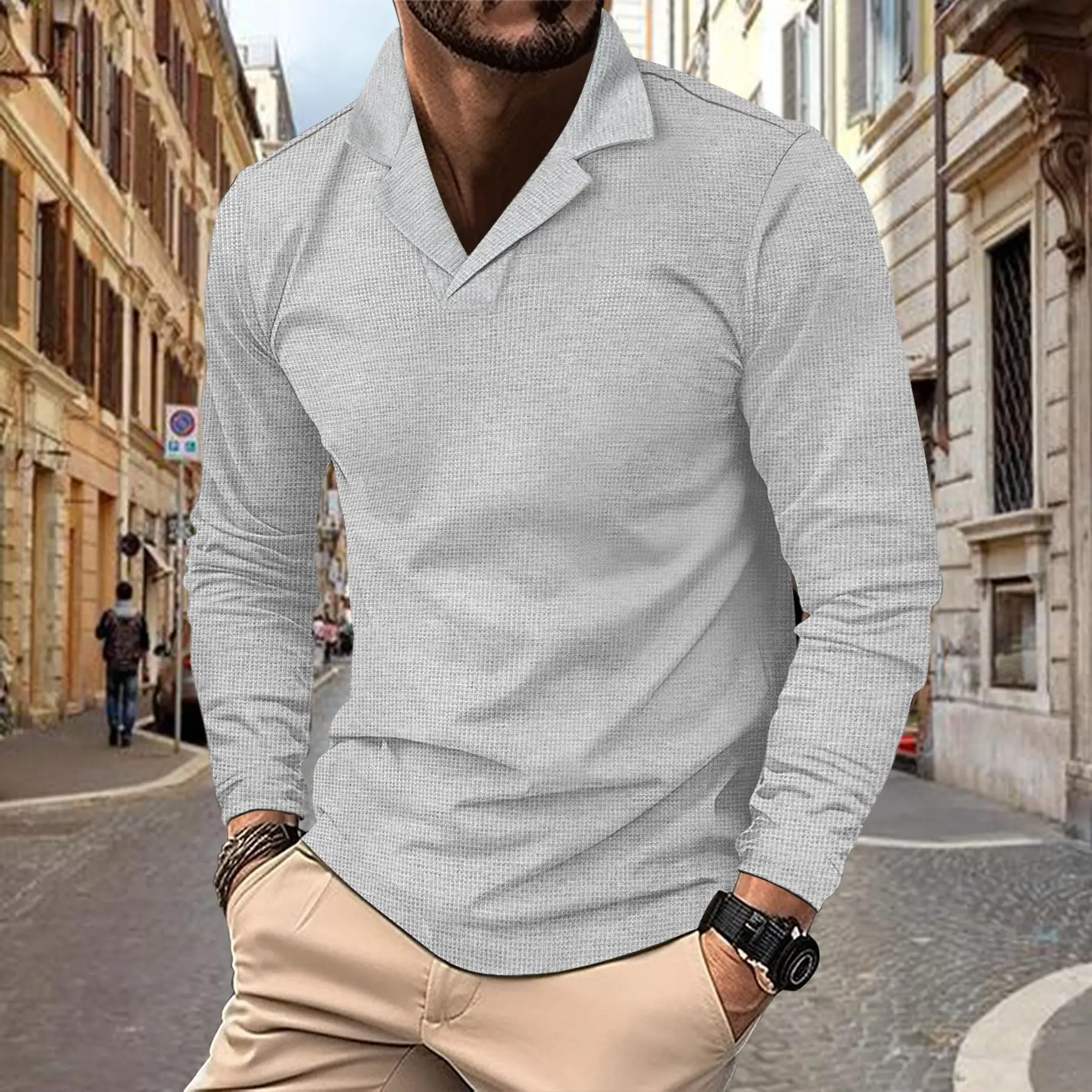 

Men's new Waffger suit neck solid-color casual long-sleeved POLO shirt