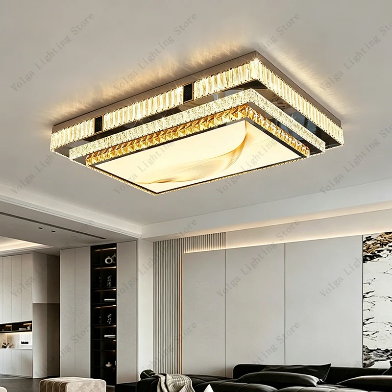 Luxury Gold Crystal LED Ceiling Lamp Rectangular Dimmable Indoor Light Fixture for Living Room Bedroom Home Interior Light