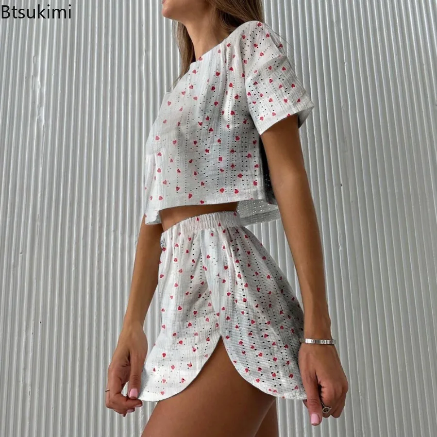 New 2025 Women's Print Pajamas Set Summer Casual Short Sleeve Tops Shorts Sleepwear 2 Piece Set Loose Round Neck Home Loungewear