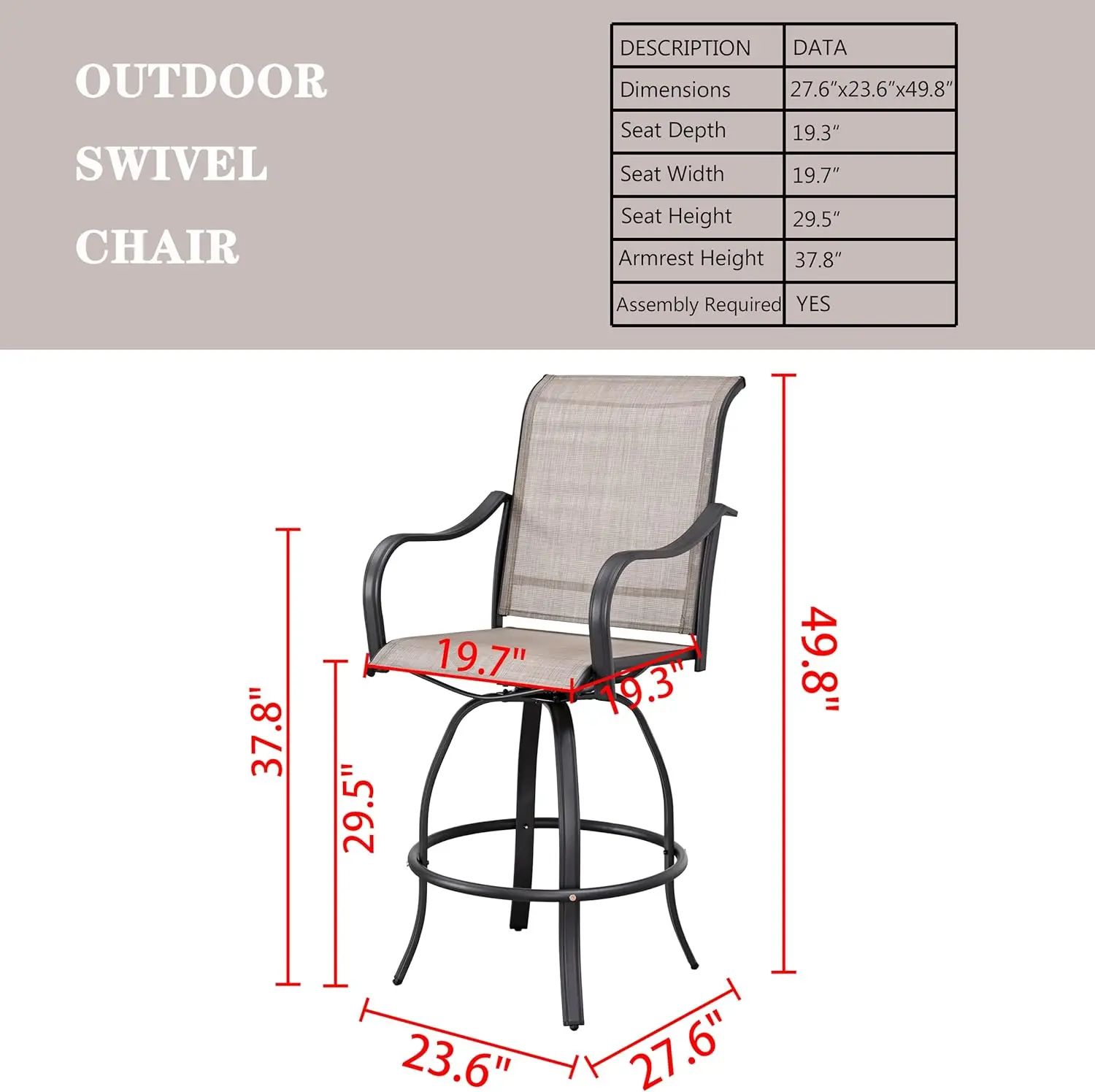 Taburetes de Bar para exteriores, mesa bistró de 1 altura, muebles de Patio, Tela Gris, 2 altas giratorias