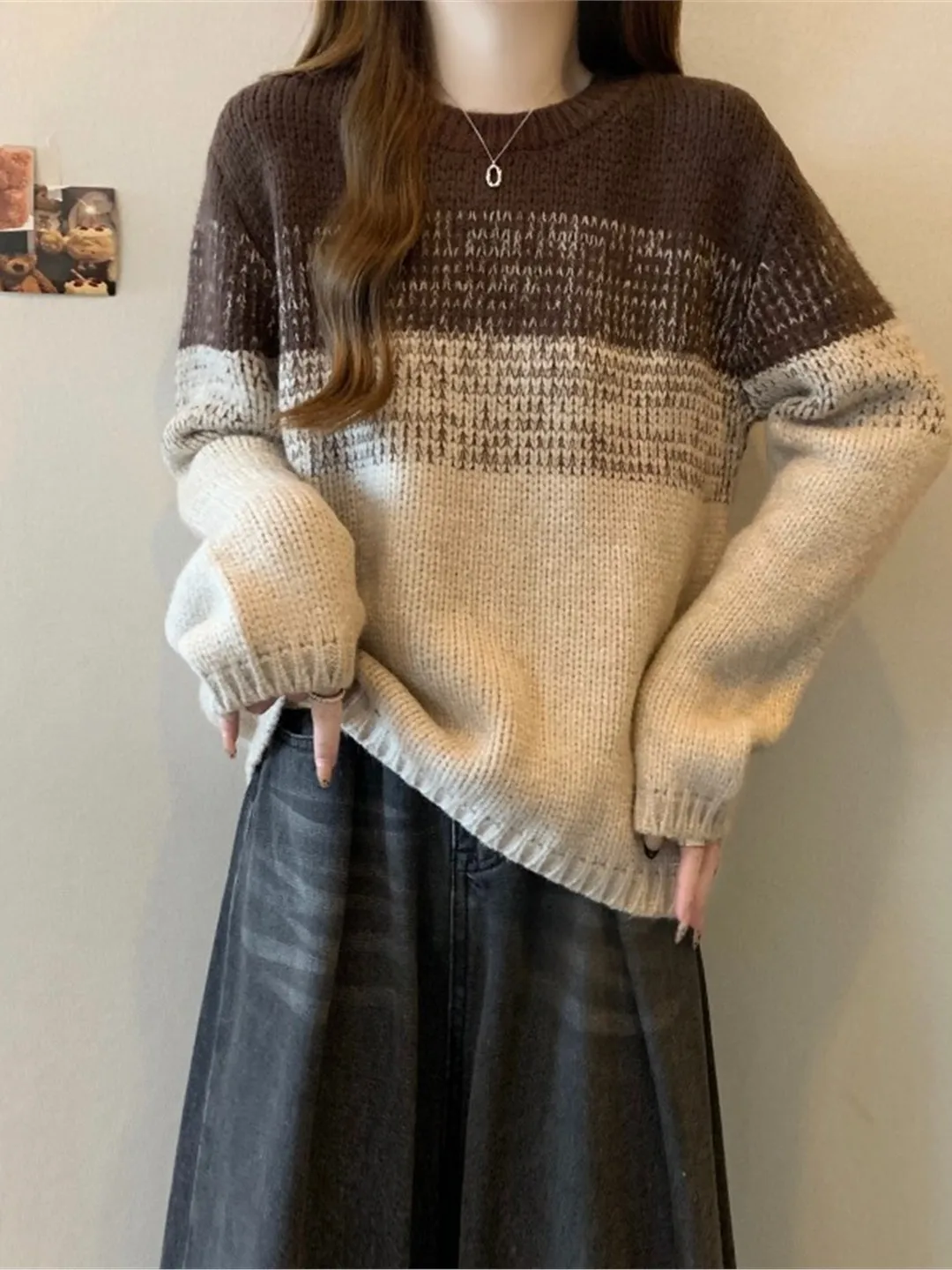 

Женский бежевый вязаный свитер свободного кроя с длинными рукавами в американском стиле, весенняя мода, большие размеры