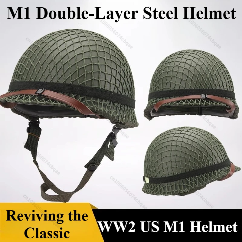

Реплика шлема WW2 США, двухслойные антикварные военные шлемы M1 с ремешком «кошачий глаз», очки из грубой сетки/тонкой сетки, коллекция