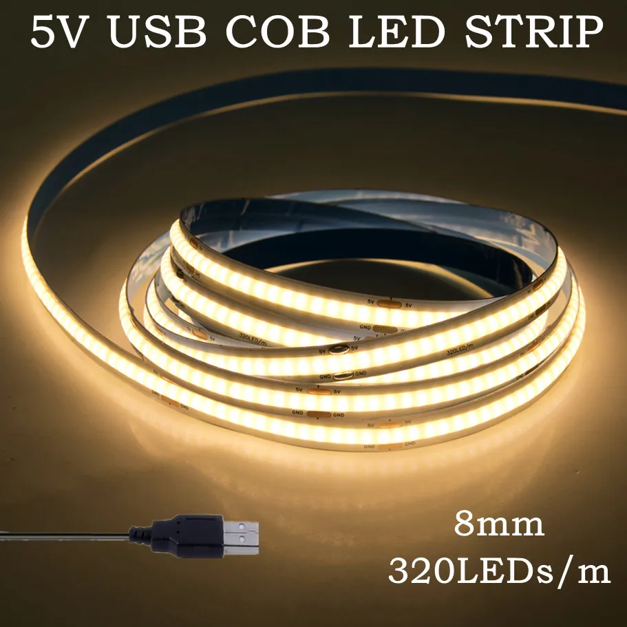 DC 5V USB COB LED Strip Lamp 320LED/m High Density Flexible Tape Light 8MM 3000K/4500K/6500K for Home Bedroom Decor TV Backlight