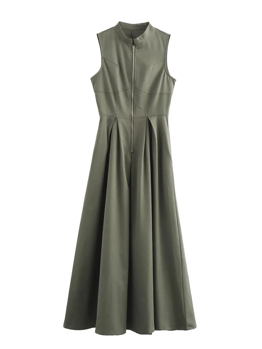 2025, gedrapeerde lange jurken voor dames, mouwloze maxi-jurk met rits, dames, zomervakantie, damesjurken, ruches, feestjurk, vrouwelijk L42T