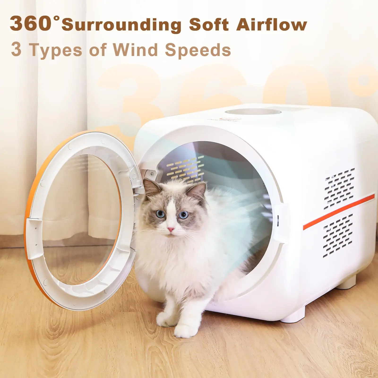 Automatic Cat Dryer Box, 3-Speed Adjustable, 360° Airflow, Temperature Control Pet Hair Drying Cabinet