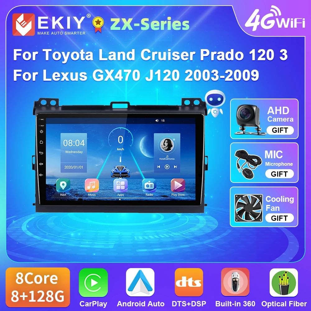 

EKIY Android 10 Car Radio Navigation For Toyota Land Cruiser Prado 120 3 For Lexus GX470 J120 2003-2009 Carplay Multimidia