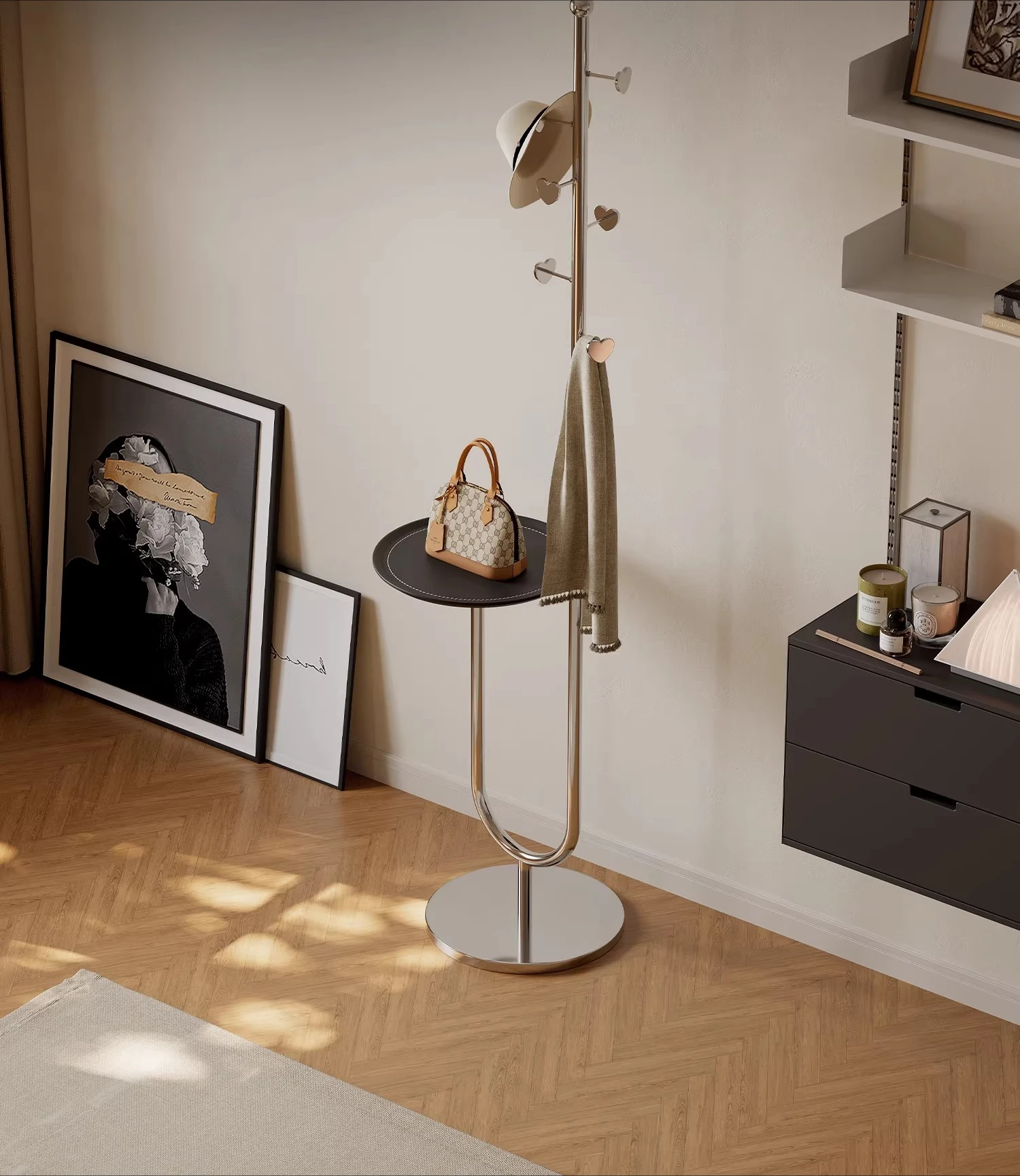 

Designer coat rack with tray stainless steel light luxury high-end feeling bedroom door living room home Italian hanger