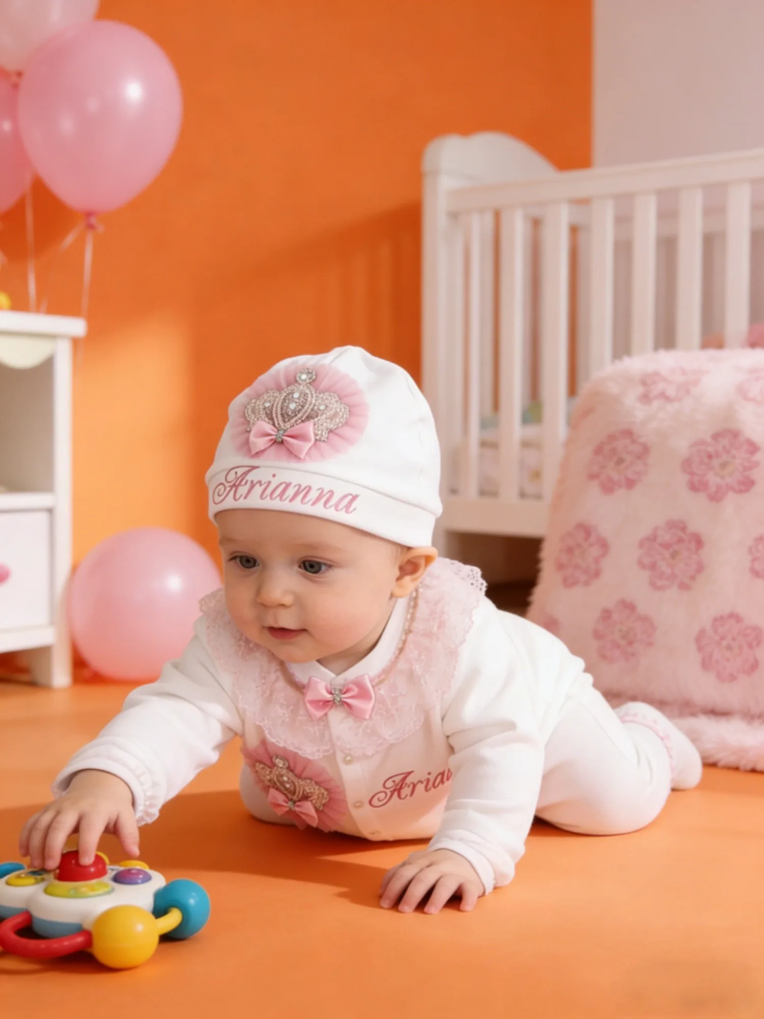 

Princess Baby Girl Pink Crown Set - Name Embroidery - Premium for Baptism & Baby Shower