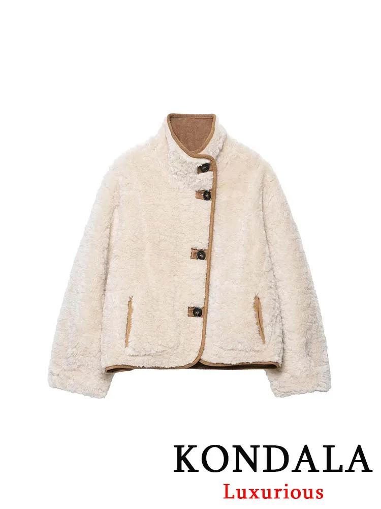 

KONDALA винтажное повседневное шикарное женское пальто с воротником-стойкой, однобортное пальто с карманами, толстое пальто, модное праздничное двустороннее пальто 2025 года